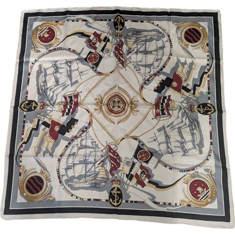 Solde066_Vintage large square Silk nautical pattern scarf with hand stitch fi